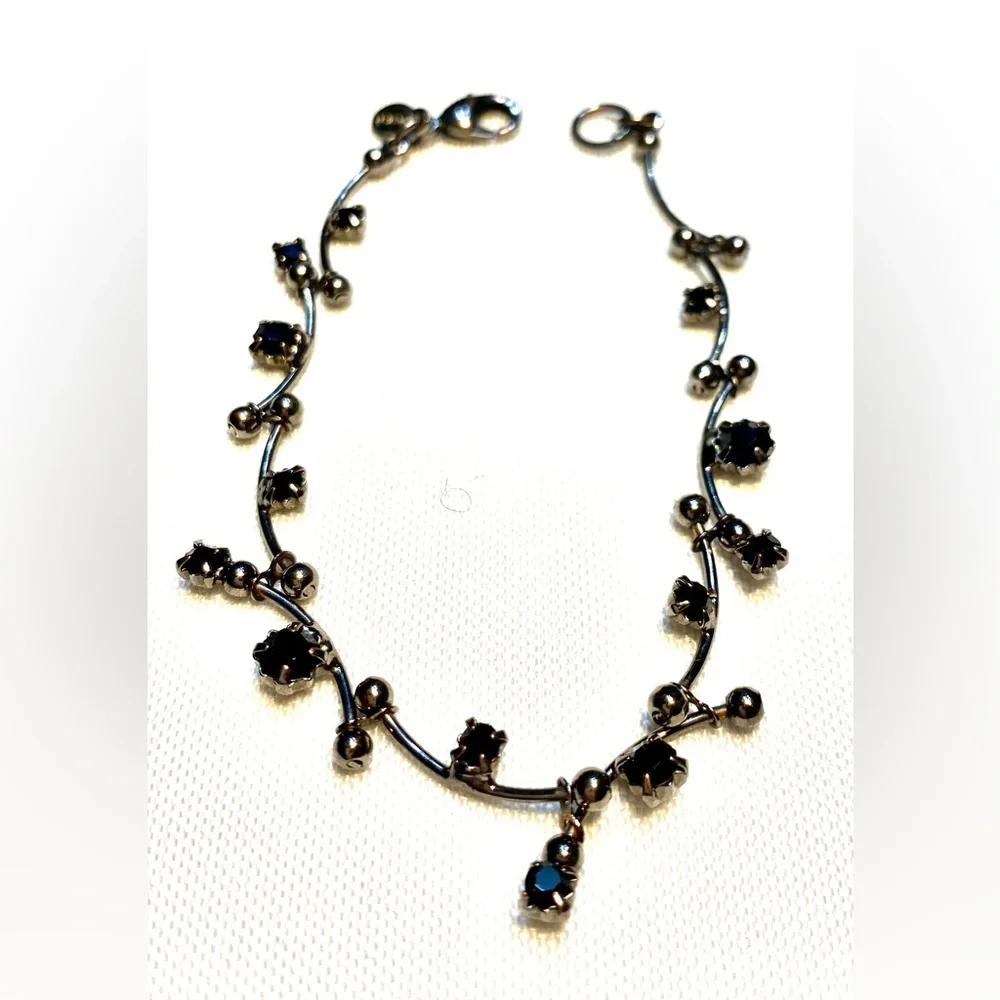 Monet Black Rhinestone Choker Bracelet Silver Curved Link Bar Dainty Elegant